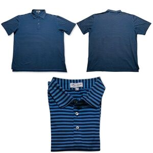 Peter Millar Summer Comfort Mens L Polo Shirt Blue Black Striped Short Sleeve